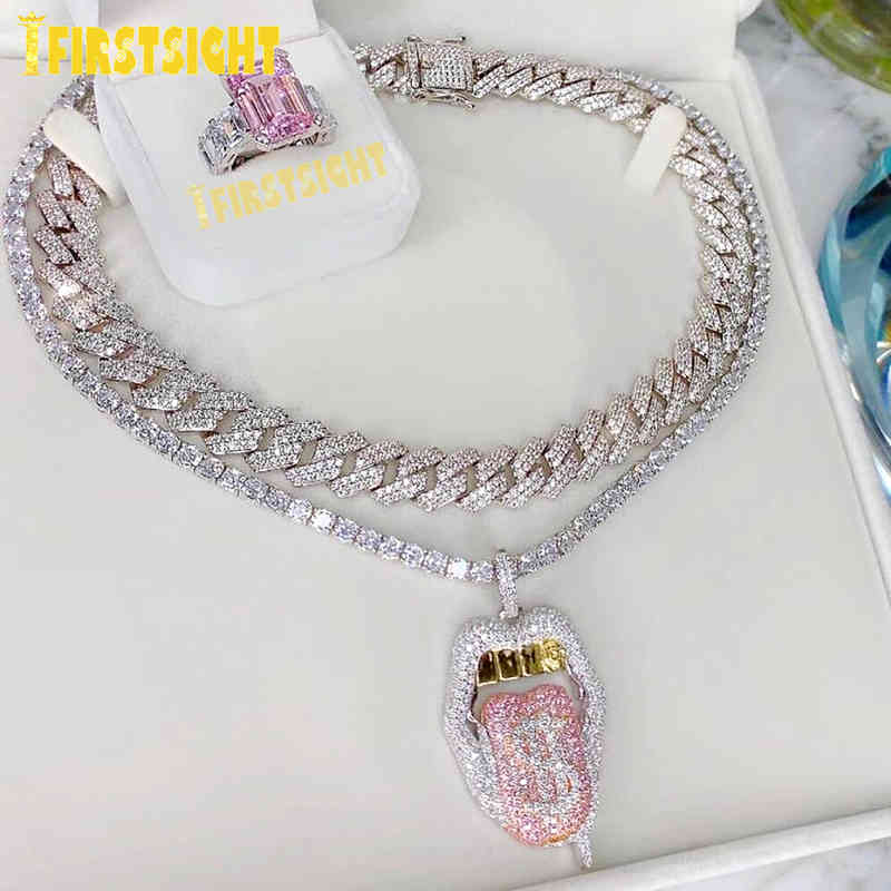 

Iced Out Bling 5A CZ Sexy Mouth Pendant Necklace Dollar Symbol Micro Pave Dripping Lips Silver Color Tennis Hip Hop Women Men