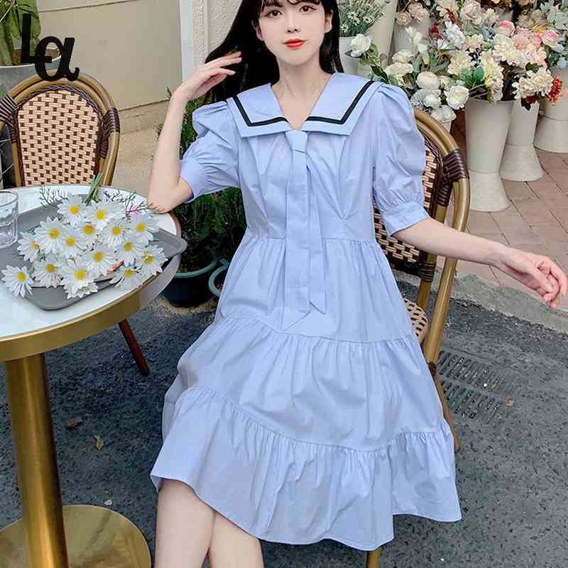 

Summer Solid Puff Sleeve Preppy Style Dress Women Harajuku Sailor Collar Kawaii High Waist Loose Japanese JK 210519, Blue
