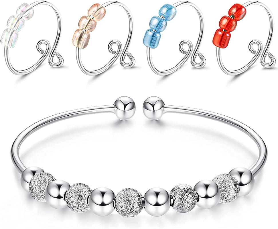 

Earrings & Necklace Anxiety Ring Bracelet Fidget For Adjustable Copper Colorful Bead Spinner Women Men Jewelry Christmas Gift, Silver