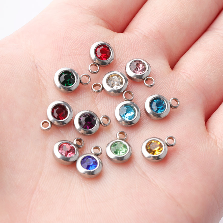

100% Stainless Steel Charms Birthday Stone 6.5mm Colorful Crystal Birthstone Charm Geboortestenen Whole 60pcs