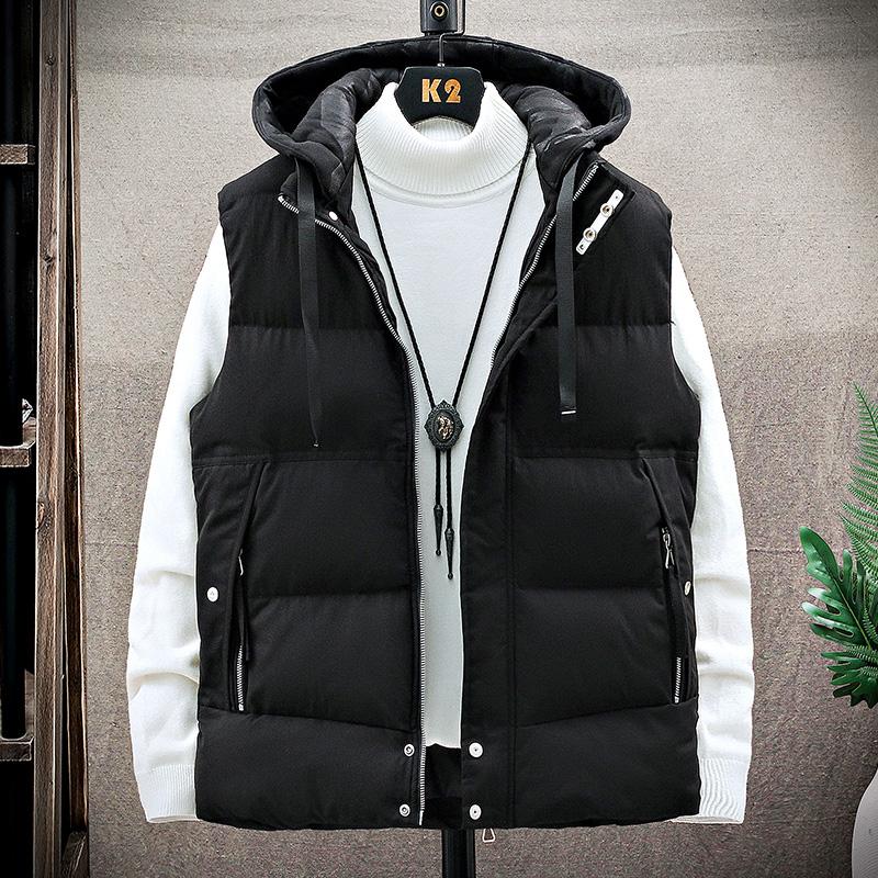 

Men's Vests Autumn And Winter Korean Top Trend Down Cotton Vest Youth Hooded Thickened Warm Large Handsome Waistcoat Man, Black
