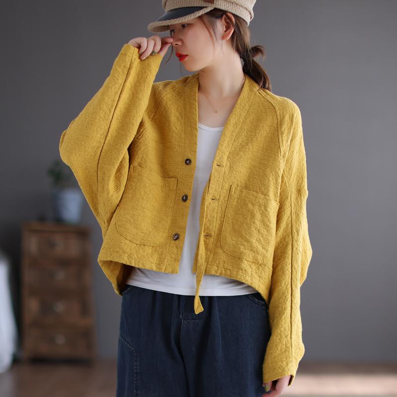 

Women's Jackets Yellow Women Vintage Jacquard V-Neck Long Sleeve Pockets Coats Solid Color Button Autumn Casual Irregular Cardigan Tops, Black