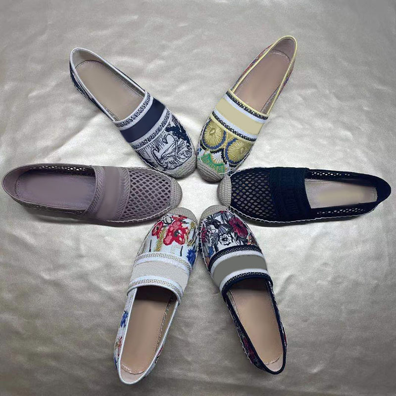 

Designers Women Straw Casual Shoes Mesh Embroidery Loafers Jute Soled Sandals Printing Splicing Sneakers Flat Muller Fisherman Shoe 35-42, Black