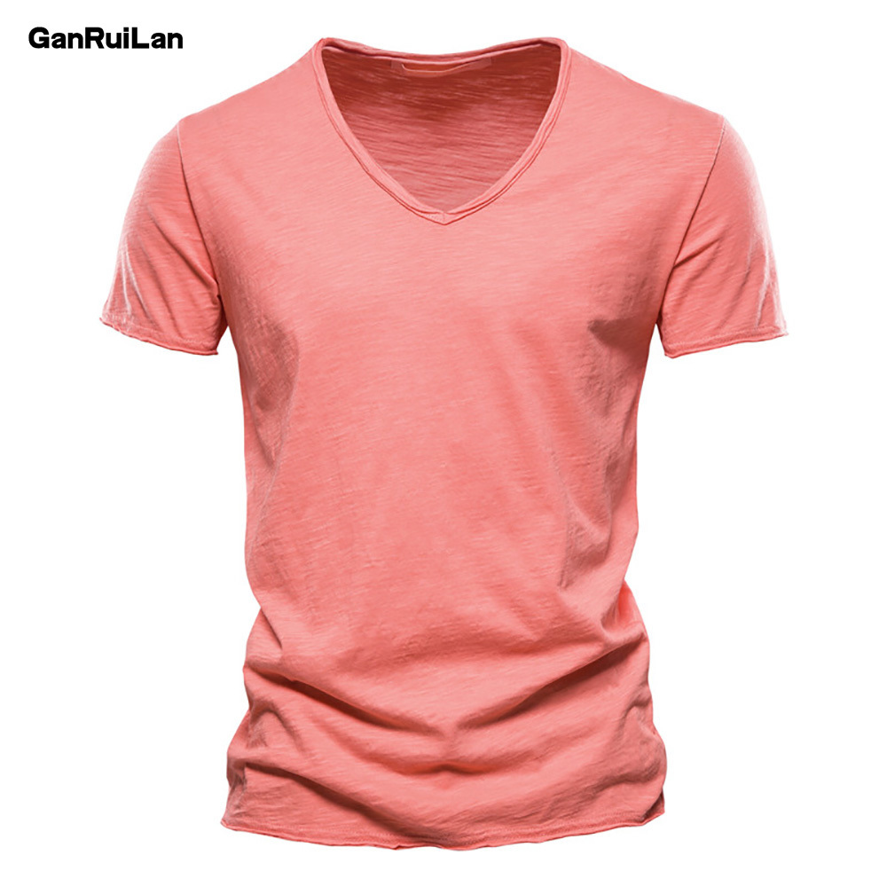 

Quality Cotton Men T-shirt V-neck Fashion Design Slim Fit Soild T-shirts Male Tops Tees Short Sleeve T Shirt For Men B0939 210518, Pink v-neck