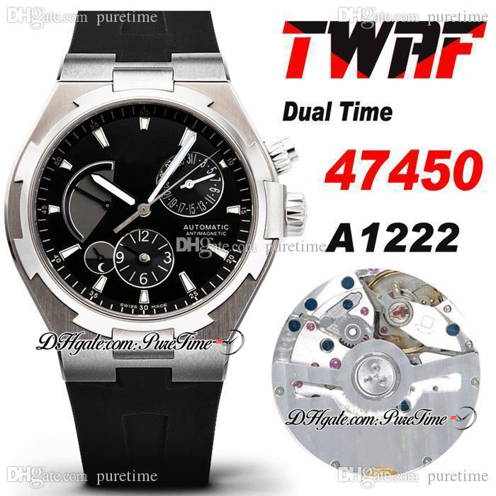 

TWAF Overseas Dual Time 47450 A1222 Automatic Mens Watch Steel Case Power Reserve Black Dial Silver Stick Rubber Strap Super Edition Watches Puretime e5, Black+rubber