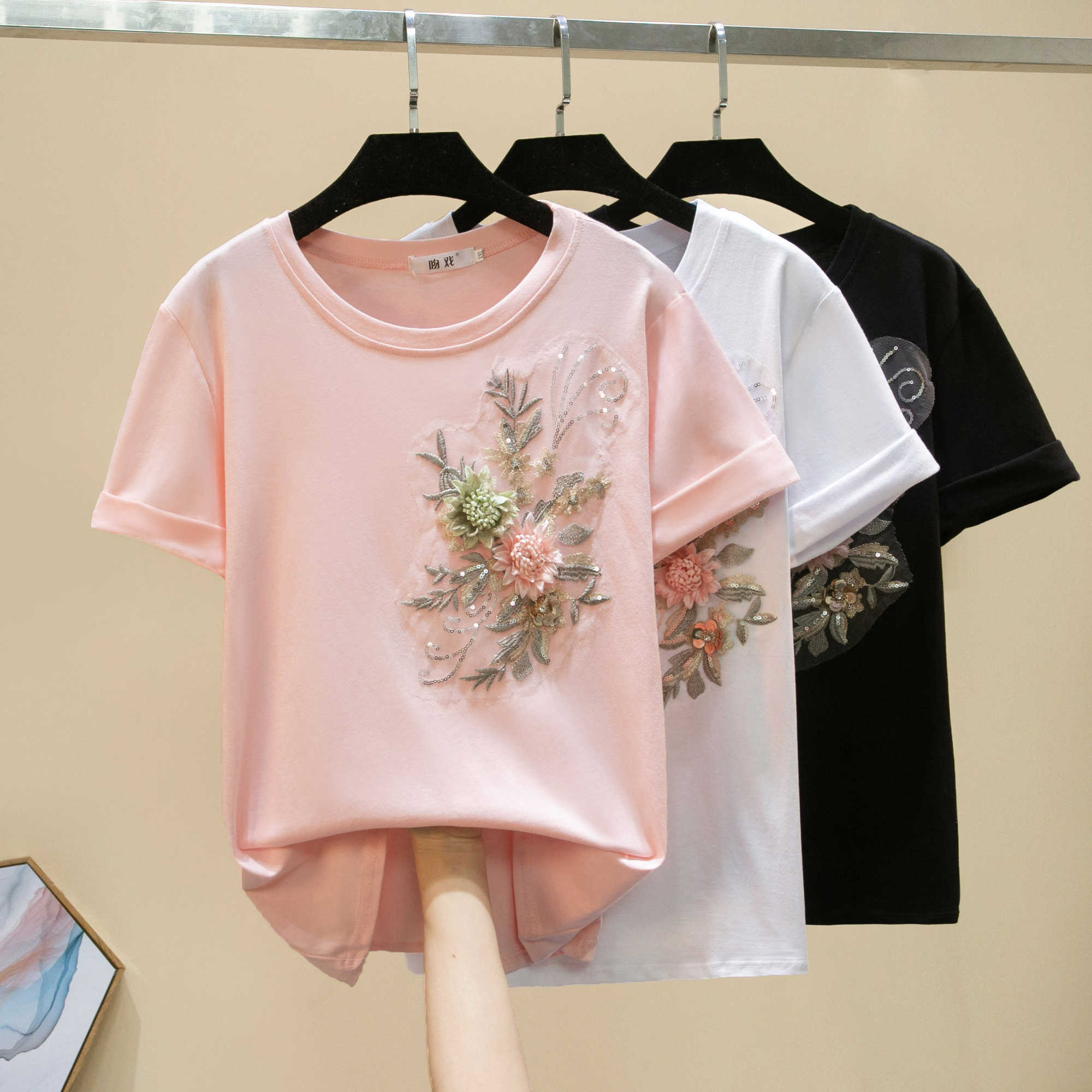 

T Shirt Women Summer Top Shirts Cotton Plus Size 3XL Casual Short sleeve Tshirt Floral T-Shirt Lady Tops Tee Shirt Femme 210604, Pink