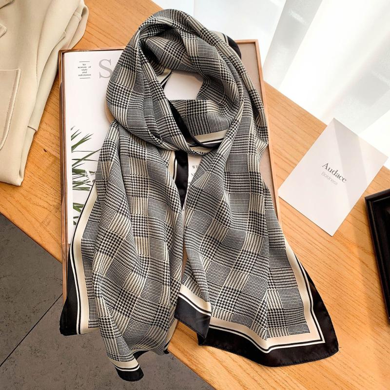 

Scarves 2022 Spring Long Scarf For Women Design Plaid Print Silk Feeling Hair Band Foulard Female Office Neckerchief Lady Bandana, Blue;gray