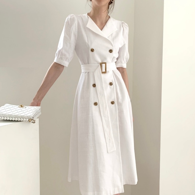 

Arrival Vintage Short Sleeve Suit Collar Double-Breasted Slim Dress Women Puff Natural Notched Long Dresses 210520, Photo color