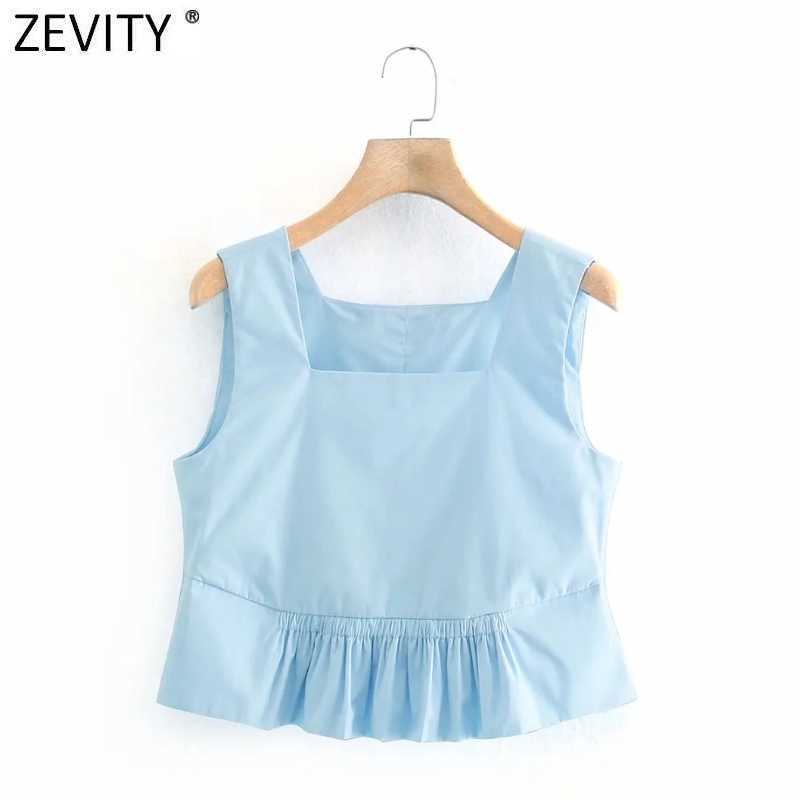 

Zevity Women Square Collar Solid Color Hem Pleat Ruffles Short Smock Blouse Female Sleeveless Shirt Chic Blusas Tops LS9027 210603, As pic ls9027ld