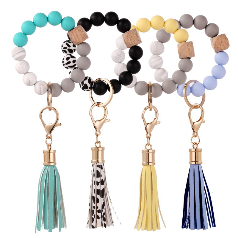 

Silicone Beaded Keychain Leather Tassel Wood Beads Keyring Bracelet For Women Accessories Multicolor Keychains