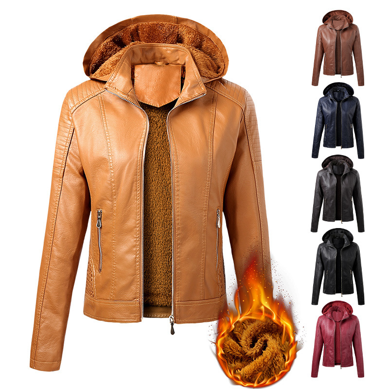 

2021 New Arrival Autumn Winter PU Leather Coat Women Fashion Hooded Collar Velvet Keep Warm Short Womens Leather Jacket -XL, Blue