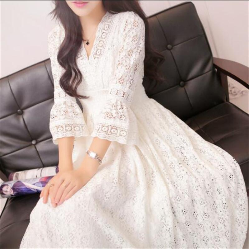 

Casual Dresses Lace Hook Flowers V Neck Women 2022 Spring Summer Slim Beach Holiday Ladies A-line Elegant Party Long, Black;gray