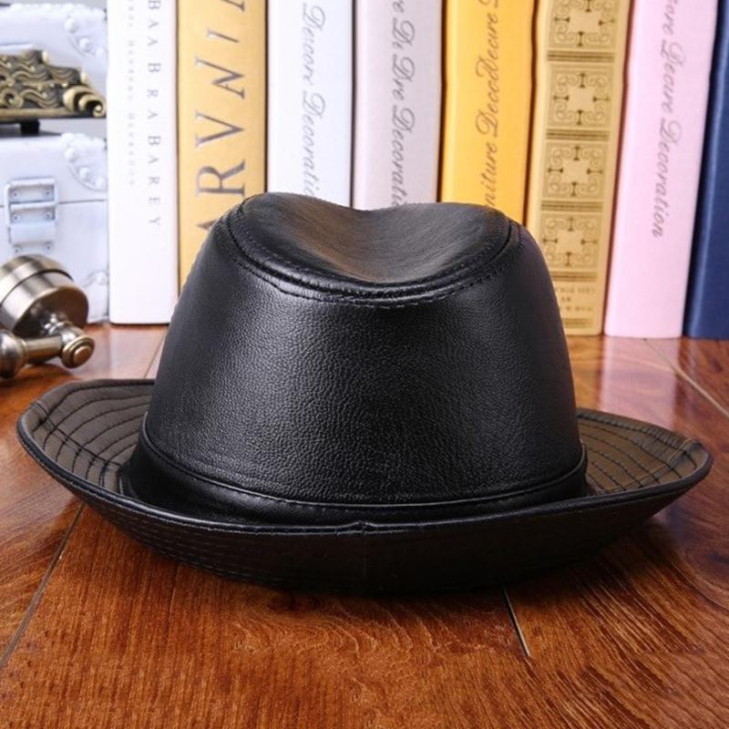 

Real Genuine Leather Hat Men's Sheepskin Fedoras Autumn Winter Men Jazz Hats Fashion Trend Brands Caps Wide Brim, Black