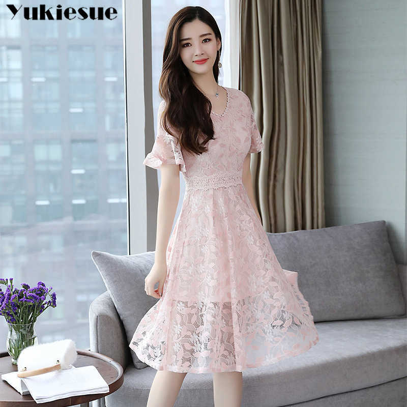 

summer dress for women es women' black vintage maxi party short sleeve lace sexy bodycon female plus size 210608, Pink