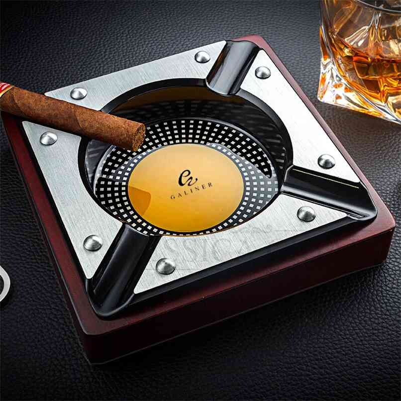

GALINER Red Wood Cigar Ashtray Home Metal Ash Tray Outdoor Luxury 4 Holder ette Ashtrays For COHIBA Accessories 210628