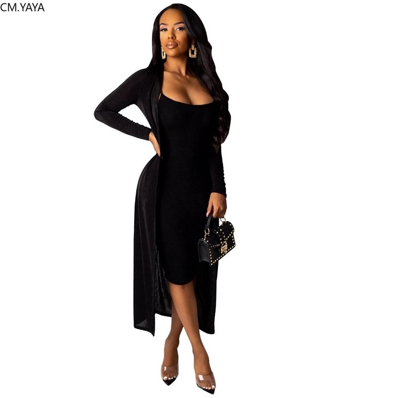 

Winter Women Set Sleeveless Strap Dress+long Sleeve Long Cape Night Club Tracksuits Two Piece Suit Street Sexy Bandage YM-8520 211109, Black