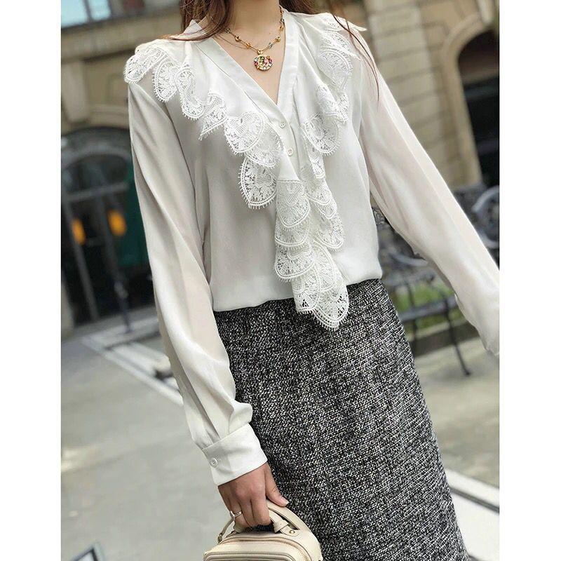 

Women' Blouses & Shirts Sale! Women Elegant Lace Ruffle Tops Sexy Big V-neck 2021 Spring Summer Female Casual Office Lady Top Blusas, White