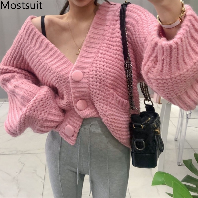

Korean Wide Needle Knitted Women Cardigans Sweaters Winter Long Sleeve Single-breasted V-neck Loose Casual Tops Jumpers 210518, Pink