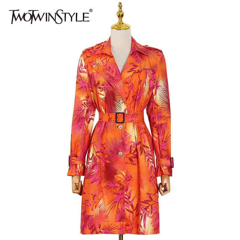 

Print Floral Jackets For Women Lapel Long Sleeve Single Breasted Hit Color Trench Females Fashion Clothing 210524, Green