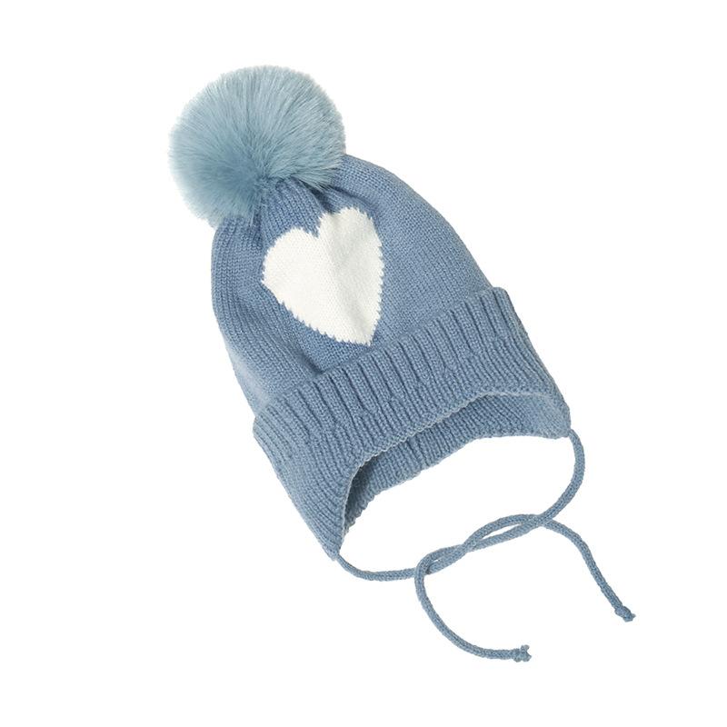 

Berets Baby Hat With Ear Protection Cute Heart Print Pom Beanie Soft Knitted Cap For Girl Boy Winter Thick Infant Toddler
