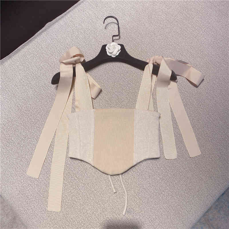 

Spring Arrivals Solid Color Open Back Bandage Bow Decoration Fashion Women Suspender Vest MZ898 210525, Apricot