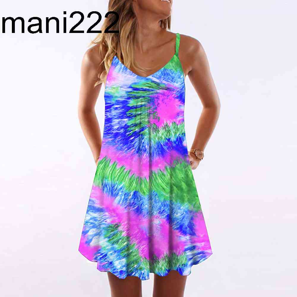 

2021 Women Tie Dye Dresses Summer Sleeveless Spaghetti Strap Loose Pullover Casual Sundresses Beach Dress Plus Size, Red yellow