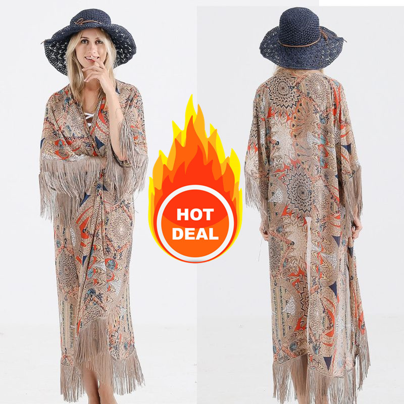 

2021 Retro Printed Half Sleeve Chiffon Cardigan Kimono Boho Fringed Tassels Bikini Cover Up Ankle Length Cape Beach Swimsuit, Default color