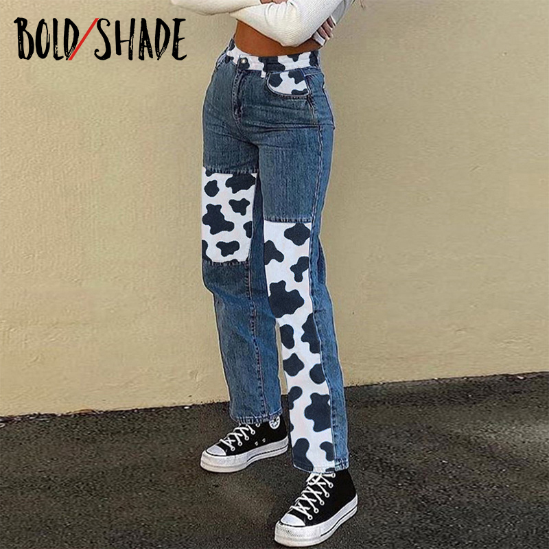 

Bold Shade Indie Skater Style 90s Denim Jeans Y2k Grunge Fashion Milk Cow Print Patchwork Jeans Streetwear Pants Women Fall 2021, Black