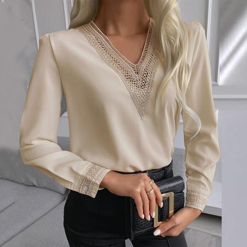 

Women's Blouses & Shirts Women Lace Blouse Fashion Solid Color V-neck Long Sleeve Casual Top Chemisier Femme Vetement 2021, White