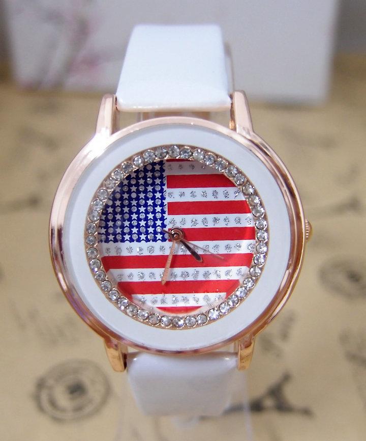 

Wristwatches S US Flag Leather Watch Women Ladies Fashion Crystal Quartz Wrist Go048, Brown