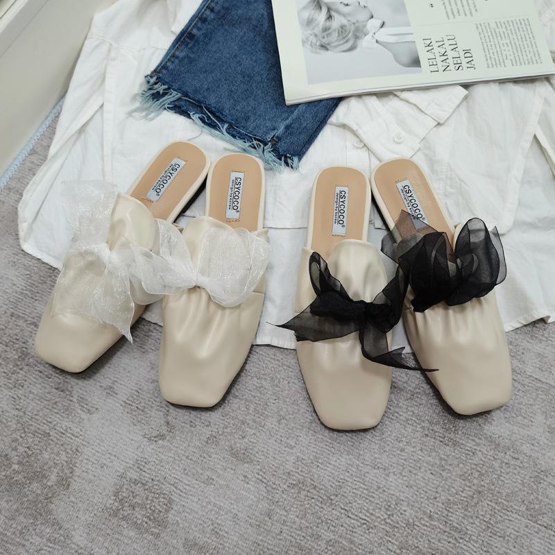 

Slippers Fairy Riband Bowknot Modern Women Square Toe Pleated Mules Summer Beach Shoes Sandalias Flat Cover Lazy Slides 2021, Beige