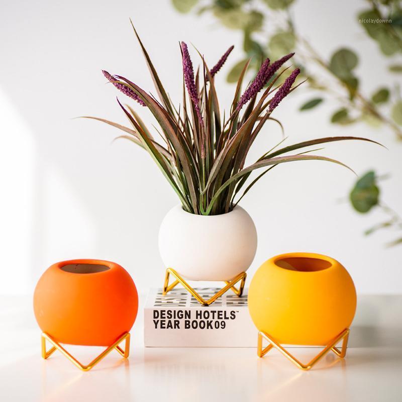 

Planters & Pots Small Ceramic Flower And With Gold Metal Stand 4 Inch Coloful Cactus Succulents Potted Indoor Planter Pot Gift