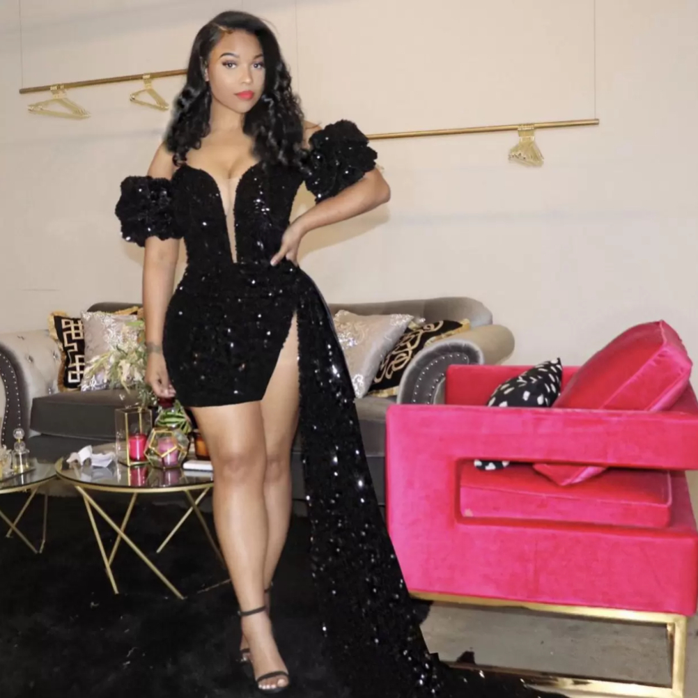 

2022 New Year's Sparkling Black Prom Dresses Backless Evening Gown Pageant Women Sexy Short Party Wear Long Trail High Split Abiye Dubai Gowns With Burgundy Sequins, Dark green