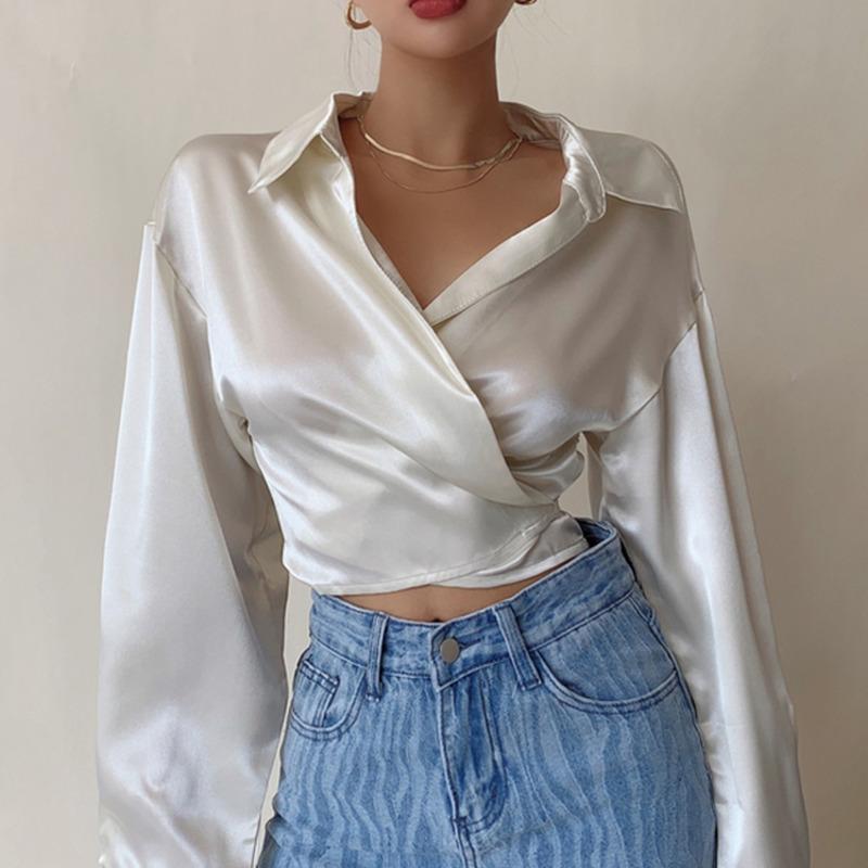 

Women' Blouses & Shirts Kywommnz Women Glossy Satin Lace-up Shirt Summer 2021 Streetwear Fashion Long Sleeve Thin Loose Blouse E2292, Brown
