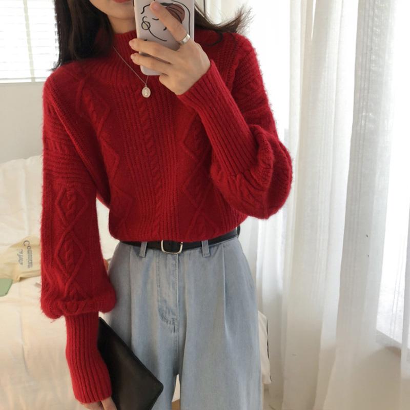 

Women's Sweaters Turtleneck Christmas Sweater 2021 Women Winter Knitwear Loose Tops Solid Stretch Striped Korean Fashion Red Apricot Pullove