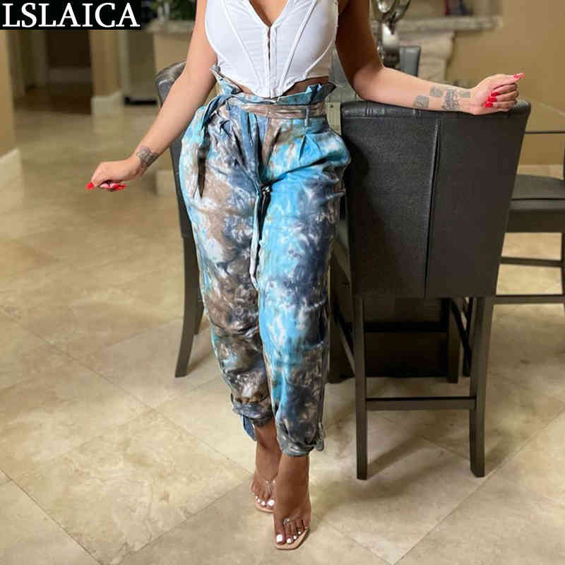 

Pants High Waist Lace-up Fashion Casual Colorblock Tie-dye Print Women's Streetwear Elegant for Women 210520, Blue