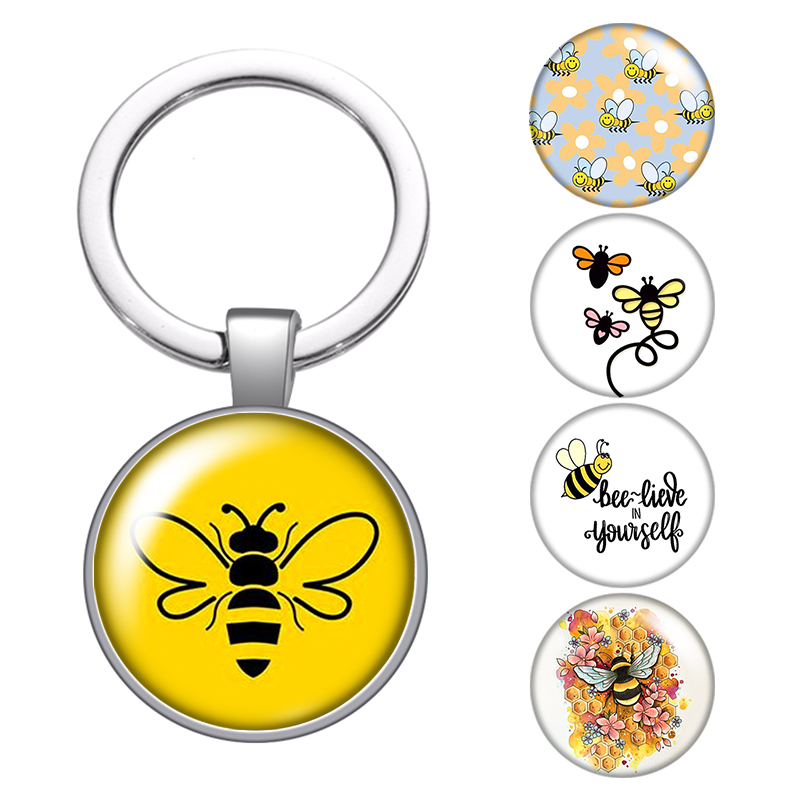 

Bee Happy Save the Bees Lovely Bee Glass Cabochon Keychain Bag Car Key Rings Holder Charms Silver Plated Key Chains Women Gifts