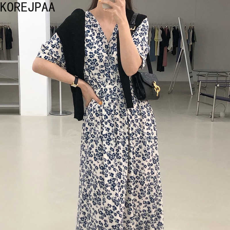 

Korejpaa Women Dress Summer Korean Chic Girls Lazy Style Slim V-Neck Cross High Waist Puff Sleeve Full Screen Daisy Vestido 210526, White