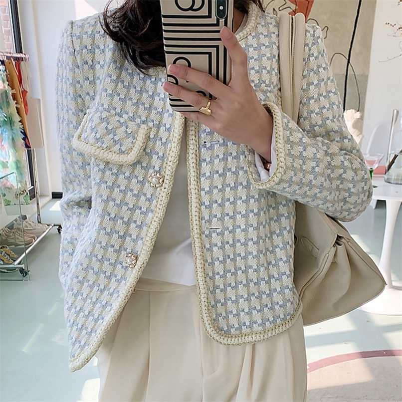 

High Quality French Vintage Small Fragrance Tweed Jacket Coat Women's Spring Autumn Casual Fried Street Short Coat Plaid Outwear 211109, Picture color