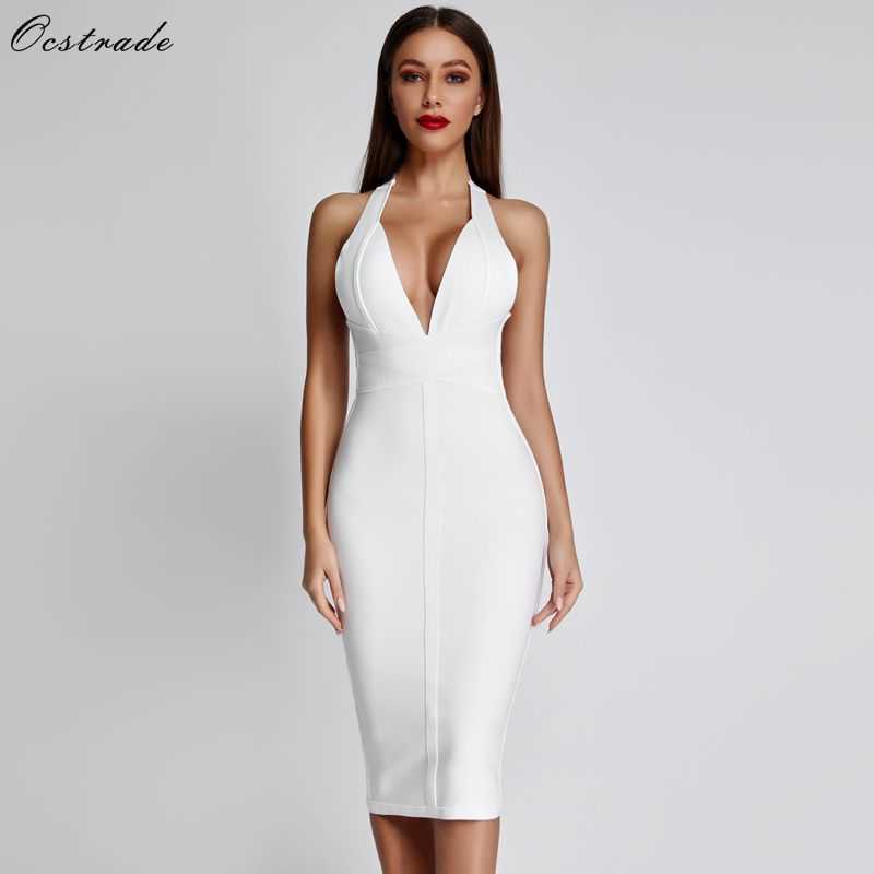 

Ocstrade White Bandage Dresses Arrivals Summer Deep v Neck Sexy Bodycon Party Women Halter Rayon 210527, Fuchsia