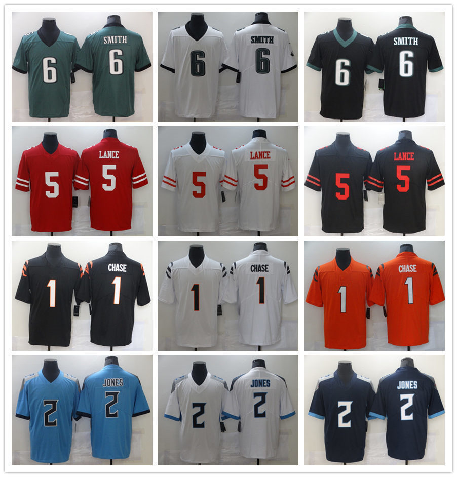 

Philadelphia 6 DeVonta Smith San Francisco 5 Trey Lance Football Jersey Cincinnati 1 JaMarr Chase Tennessee 2 Julio Jones Eagle 49er Bengal, Black
