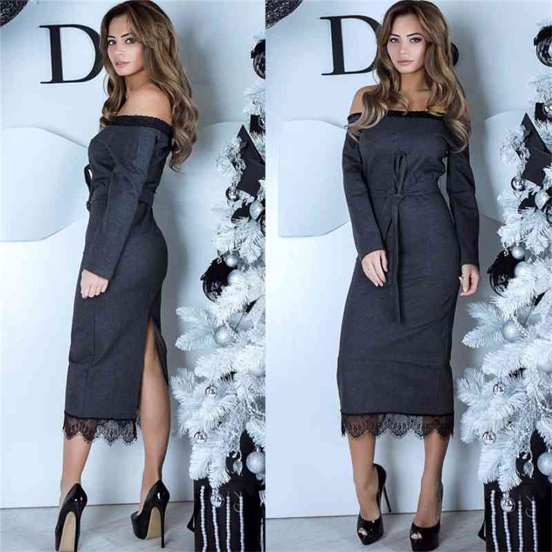 

Summer Patchwork Lace Long Dress Women Fashion Sexy Club Slash Neck Regular Slim Off shoulder Dress Women Dresses Vestidos 210625, Gray