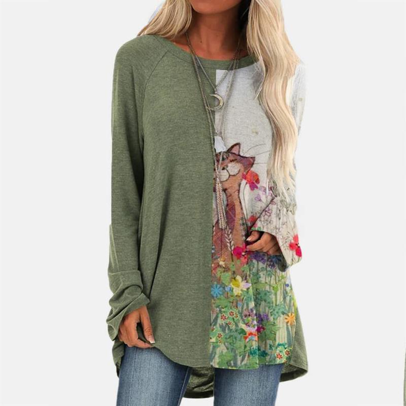 

Women' Blouses & Shirts Loose Long Shirt Tops Cartoon Cat Printed Short Sleeve O-neck Plus Size Pullover Vintage Blusas Mujer, Gn