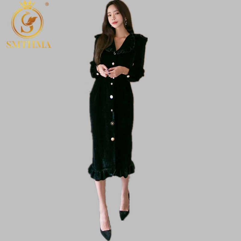 

Women' Autumn And Winter Slim Long Dress Female Black Gold Velvet Ruffled Long-Sleeved Vestidos 210520, Photo color