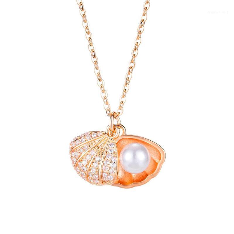 

Women Necklace Rose Gold Color Fashion Jewelry Copper Zirconia Shell Pearl Pendant Stainless Steel Chain For Girls Chains