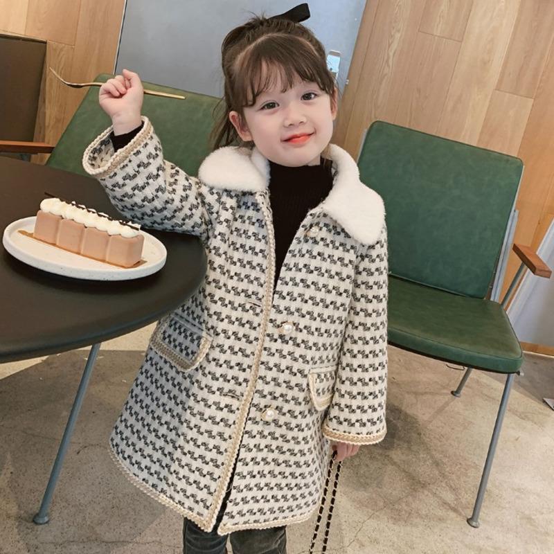 

Jackets Plaid Coat For Kids 2021 Winter Outerwear Turn-Down Collar Girl's Fashion Jacket Long Thicken Single Breasted, Blue;gray