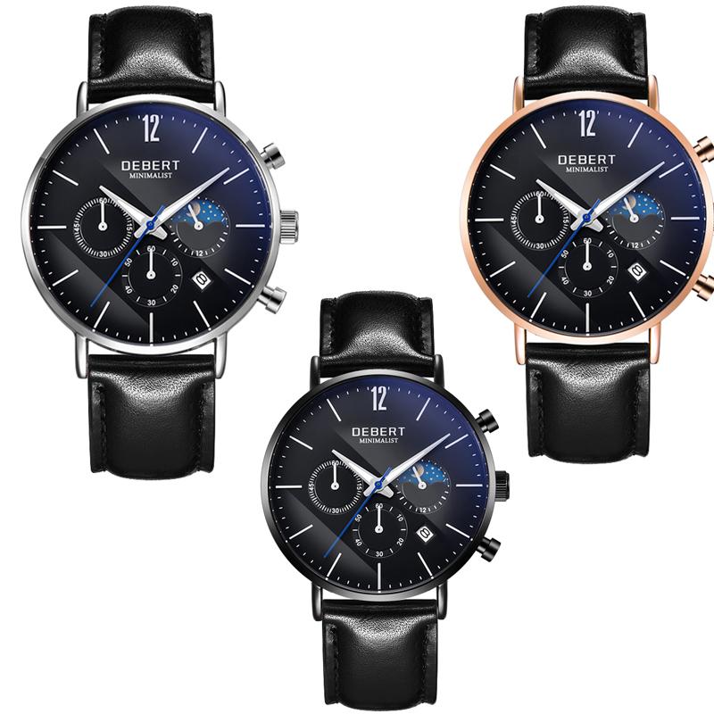 

Wristwatches 41 Mm Moon Phase Watch DEBERT Men's Fashion Automatic Quartz Waterproof 316L Stainless Steel Case Leather Strap, Bronze