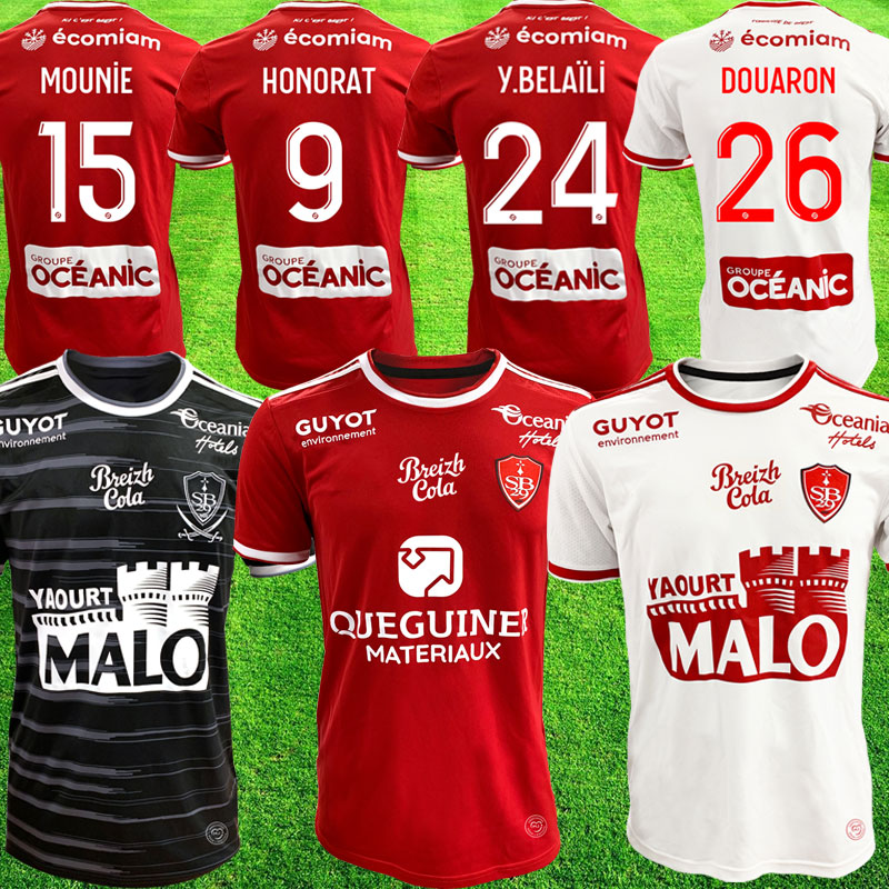 

Brest Stade 29 Red SOCCER JERSEYS HONORAT Y. BELAILI DIALLO Charbonnier SATRIANO 2021 2022 MAILLOT DE FOOT FAUSSURIER GRANDSIR BRESTOIS FOOTBALL SHIRT White tops, Black