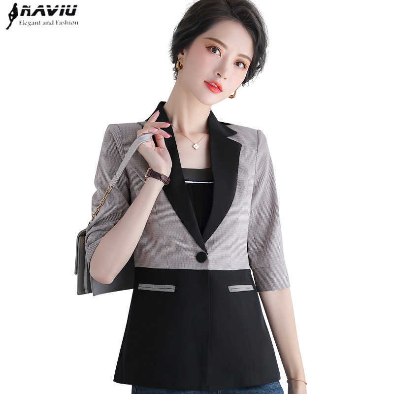 

Spring Patchwork Fashion Tops For Women Half Sleeve Formal Blazer Office Work Wear Uniform 210604, Plaid blazer