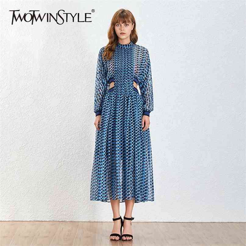 

Bohemian Style Stand Collar A Line Women's Dress Long Sleeve Print Hollow Out Female Dresses Fashion 210520, Blue